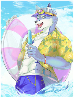 aloha_shirt anthro blue_body blue_fur clothing food fur holding_food holding_object holding_popsicle looking_at_viewer male male_anthro muscular muscular_anthro muscular_male open_mouth pattern_clothing pattern_shirt pattern_topwear pool_float popsicle shirt sky solo swimming_trunks swimwear tail teeth tongue topwear visor water white_body white_fur izm_rm7 aethylwyne canid canine fox mammal absurd_res hi_res