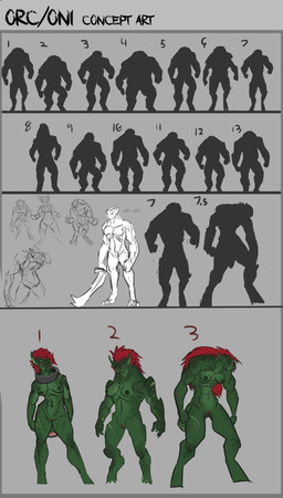 big_muscles breasts fantasy female green_body green_skin grey_background hair huge_muscles muscular muscular_female nude pubes red_hair silhouette simple_background solo thumbnails alorix asian_mythology east_asian_mythology japanese_mythology mythology demon humanoid oni orc yokai concept_art digital_drawing_(artwork) digital_media_(artwork) hi_res multiple_images sketch