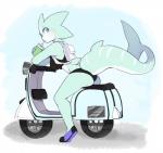 anthro backpack beverage biped blue_eyes bottomwear breasts butt clothed clothing crop_top female footwear furgonomic_bottomwear furgonomics green_body green_skin looking_back motor_scooter motor_vehicle non-mammal_breasts shirt shoes simple_background solo swimwear tail tail_button_bottoms tail_clothing topwear underwear vehicle punipaws tora_(punipaws) fish marine shark 2018 digital_drawing_(artwork) digital_media_(artwork)