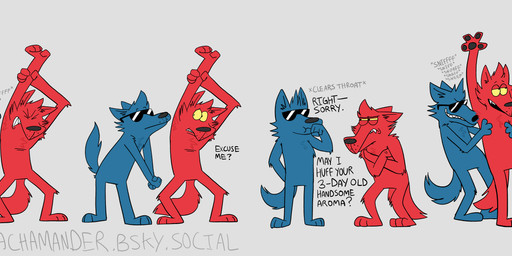 annoyed anthro armpit_fetish armpit_hair armpit_musk armpit_sniffing armpit_tuft blue_body body_hair clearing_throat dialogue duo explicitly_stated_consent eyewear eyewear_only featureless_crotch fluffy fluffy_tail fur hand_under_arm nude nude_anthro null null/null raised_arm raised_tail red_body sniffing stretching sunglasses sunglasses_only surprised tail srirachamander nile_(cattlechoir) pat_(cattlechoir) canid canine canis mammal wolf absurd_res hi_res