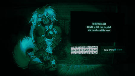 alternative_fashion ambiguous_gender anthro clothed clothing dialogue fishnet_clothing gui hair legwear looking_at_viewer messy_hair night_vision porch scene_(fashion) scene_haircut skimpy smile solo spotlight text thigh_highs torn_clothing vignette cornbread_clip no_i'm_not_a_human mio_(skyblue) bird_dog canid canine canis domestic_dog english_setter english_setter_mix hunting_dog mammal setter 16:9 4k absurd_res dark_theme digital_media_(artwork) digital_painting_(artwork) english_text green_theme hi_res painting_(artwork) widescreen
