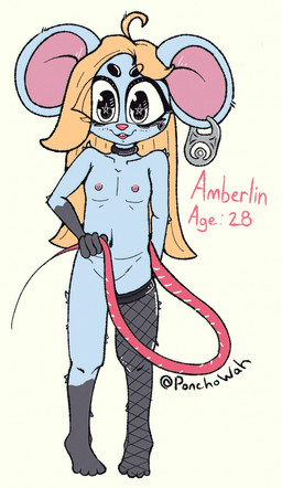 anthro can_tab clothing collar covering covering_crotch covering_vulva female flat_chested legwear pupils solo standing stockings symbol-shaped_pupils tail tail_grab unusual_pupils young young_anthro young_female ponchowah amberlin_(ponchowah) mammal mouse murid murine rodent absurd_res hi_res adult_(lore)