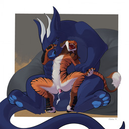 5_fingers animal_genitalia anthro anthro_on_feral anthro_penetrated balls bedroom_eyes bestiality bite black_body black_fur blue_body blue_eyes blue_fur blue_pawpads bodily_fluids brown_body brown_fur cum cum_drip cum_in_slit cum_inside cum_on_self digitigrade dominant dripping duo fangs feral feral_penetrating feral_penetrating_anthro fingers fur genital_fluids genital_slit genitals horn knotting larger_dom long_ears long_tail male male/male markings narrowed_eyes open_mouth orange_body orange_fur pawpads penetration pillow scale_markings scales seductive sex simple_background sitting sitting_on_another size_difference slit_penetration slit_play smaller_penetrated striped_body striped_fur stripes tail tail_tuft teeth tuft white_body white_fur eslakon_(artist) venbred felid feline mammal royal_vernid vernid 1:1 2026 digital_media_(artwork) hi_res signature