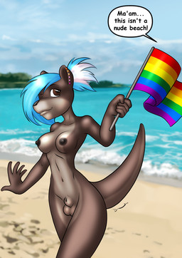 animal_genitalia anthro areola balls beach biped black_nose blue_hair breasts brown_body brown_eyes brown_fur countershade_face countershade_fur countershade_torso countershading day dialogue ear_piercing eyebrows flag flag_(object) fur genitals gynomorph hair holding_flag holding_object intersex lgbt_pride looking_aside medium_breasts medium_hair mouth_closed multicolored_body multicolored_fur navel nipples nude offscreen_character one_eye_closed outside piercing pride_colors public public_nudity rainbow_flag rainbow_pride_flag rainbow_symbol sand seaside sheath solo speech_bubble tan_body tan_countershading tan_fur text two_tone_body two_tone_fur wink danaume mammal mustelid otter 2026 english_text hi_res trans_(lore) trans_woman_(lore)