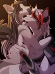 5_fingers anthro black_lips breasts brown_hair duo eyebrows eyelashes female fingers fur grey_body grey_fur hair lips male male/female nude open_mouth red_eyes smile teeth tongue lynjox canid canine canis domestic_dog mammal 2019 3:4 absurd_res digital_media_(artwork) hi_res