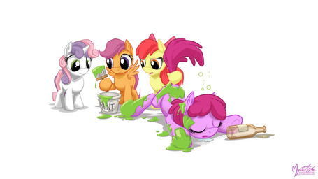 accessory alcohol amber_eyes beer beverage bottle bow_(feature) bow_accessory bow_ribbon brush bucket container drunk eyes_closed feathered_wings feathers female feral group hair hair_accessory hair_bow hair_ribbon horn multicolored_hair orange_body orange_feathers paint purple_eyes purple_hair quadruped red_hair ribbons simple_background sleeping substance_intoxication tail two_tone_hair white_background wings young young_feral mysticalpha friendship_is_magic hasbro my_little_pony mythology apple_bloom_(mlp) berry_punch_(mlp) cutie_mark_crusaders_(mlp) scootaloo_(mlp) sweetie_belle_(mlp) earth_pony equid equine horse mammal mythological_creature mythological_equine pegasus pony unicorn 16:9 2013 digital_media_(artwork) hi_res widescreen
