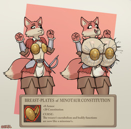 adventurer anthro armor big_breasts bikini bikini_top blush bodily_fluids breast_expansion breasts clothing erection expansion genitals gynomorph huge_breasts intersex lactating milk panties penis projectile_lactation small_penis solo swimwear tail text two-piece_swimsuit unconvincing_armor underwear onxel dungeons_and_dragons hasbro wizards_of_the_coast canid canine fox mammal english_text hi_res