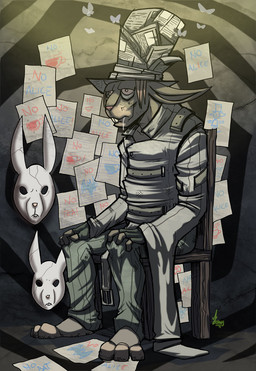 abstract_background anthro biped bodily_fluids clothing drawing_(object) drawing_in_a_drawing drooling hair hat headgear headwear insane male mask newspaper red_hair restraints saliva simple_background sitting solo straitjacket top_hat jaeh alice_in_wonderland batman_(series) dc_comics mad_hatter_(dc) ambient_arthropod ambient_insect ambient_moth arthropod insect lagomorph lepidopteran leporid mammal moth rabbit