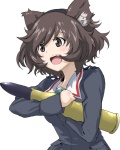 accessory animal_ear_hairband animal_ear_headband bangs blue_clothing blue_jacket blue_topwear blush brown_eyes brown_hair clothing dog_ear_headband fake_dog_ears fake_ears female green_clothing green_shirt green_topwear hair hair_accessory hairband holding_object jacket messy_hair military military_uniform ooarai_military_uniform open_mouth school_uniform shell_(projectile) shirt short_hair simple_background solo tank_shell topwear uniform white_background colmack girls_und_panzer akiyama_yukari human mammal 4:5 digital_media_(artwork) shaded