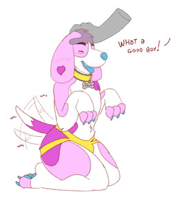 anthro blue_claws blue_nose blue_pawpads blue_tongue blush bulge claws clothed clothing disembodied_hand duo eyes_closed finger_claws floppy_ears fur head_tuft headpat jockstrap kneeling male male_anthro open_mouth pawpads pink_body pink_fur purple_body purple_fur simple_background solo_focus tail tail_motion tailwag toe_claws tongue tongue_out topless tuft underwear white_background white_body white_fur yellow_clothing yellow_jockstrap yellow_underwear hardscales canid canine canis domestic_dog mammal hi_res