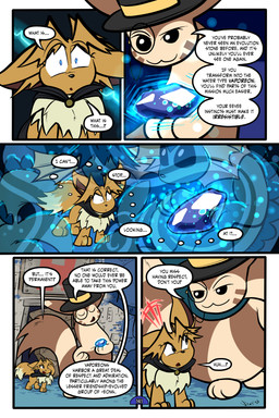 5_panel_comic ambiguous_gender black_cape black_clothing black_eyes black_text blue_eyes brown_body brown_fur brown_hair cape closed_smile clothing dialogue dot_pupils duo ellipsis evolutionary_stone eyebrows eyelashes eyewear feral fluffy fluffy_tail fur hair hand_on_eye hat headgear headwear holding_object inner_monologue looking_at_another monocle mouth_closed neck_tuft one_eye_obstructed open_mouth open_smile page_number paws quadruped question_mark questioning_ellipsis rock sharp_teeth smile speech_bubble tail talking_to_another teeth text thinking toony top_hat tuft water_stone white_sclera virmir nintendo pokemon pokemon_mystery_dungeon spike_chunsoft virmir_(character) eevee eeveelution furret generation_1_pokemon generation_2_pokemon pokemon_(species) vaporeon 2026 2:3 absurd_res comic english_text hi_res signature male_(lore)