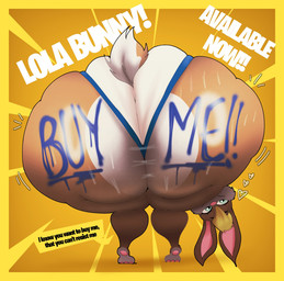anthro basketball_uniform bent_over big_butt blonde_hair blue_eyes bodily_fluids body_writing border bottomwear butt clothing dialogue exclamation_point female hair heart_symbol huge_butt huge_thighs hyper hyper_butt looking_at_viewer looking_back looking_back_at_viewer motion_lines multicolored_body orange_background pawpads pink_inner_ear pink_nose pink_pawpads rear_view scut_tail short_tail shorts simple_background smile smiling_at_viewer solo speech_bubble sportswear sweat sweaty_butt tail tan_body tan_ears tan_tail text text_on_butt thick_thighs tight_clothing two_tone_body two_tone_tail uniform white_body white_bottomwear white_clothing white_shorts white_tail yellow_border crowundeadcat epic_games fortnite looney_tunes space_jam warner_brothers lola_bunny lagomorph leporid mammal rabbit 2026 colored digital_media_(artwork) english_text hi_res shaded