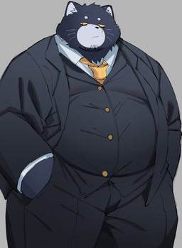 anthro belly biped bottomwear clothing kemono male necktie overweight overweight_male pants shirt simple_background solo standing suit topwear trail_arnak domestic_cat felid feline felis mammal 2026 hi_res