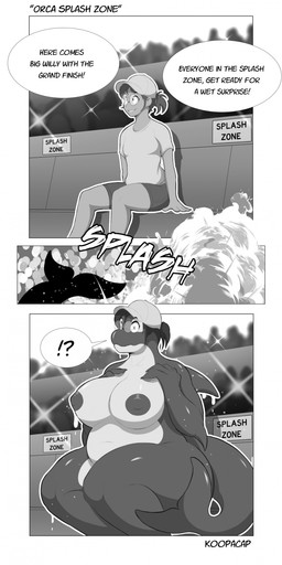 anthro areola big_breasts biped bottomwear breasts clothed clothing clothing_loss curvy_figure dialogue eyewear female glasses glistening glistening_body hat headgear headwear human_to_anthro multicolored_body nipples nude species_transformation speech_bubble tail text thick_tail thick_thighs topwear transformation voluptuous weight_gain wet wet_body koopacap aquatic cetacean dolphin mammal oceanic_dolphin orca toothed_whale absurd_res comic english_text hi_res monochrome