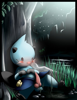 anthro balls black_body blush bodily_fluids border cum curious dark detailed_background erection evolution full_moon genital_fluids genitals grass knot light male moon moonlight night penis plant precum reflection semi-anthro shell shota solo star tree water young young_anthro khuraji nintendo pokemon dewott generation_5_pokemon mammal mustelid pokemon_(species) digital_media_(artwork) hi_res