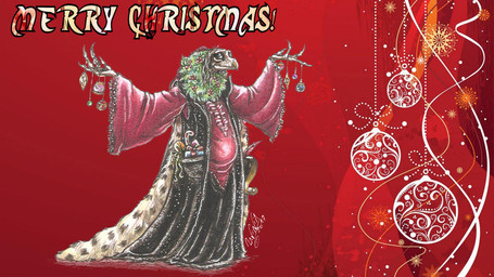 anthro beak christmas_decorations clothed clothing elderly fangs fully_clothed gown holidays merry_christmas multi_limb renaissance_clothing speech_bubble teeth text skekla_(artist) christmas the_dark_crystal skekla_the_illustrator alien skeksis 16:9 2017 comic english_description english_text signature widescreen herm_(lore)