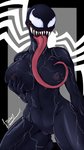 big_breasts black_body breasts female genitals hand_on_breast long_tongue muscular muscular_female muscular_humanoid nipples not_furry pose pussy sharp_teeth simple_background sitting solo teeth text thick_thighs tongue tongue_around_breast tongue_out white_eyes wide_hips fraydragon marvel she-venom venom_(marvel) alien humanoid symbiote 2018 9:16 hi_res signature