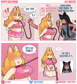 angry big_breasts black_eyes blush bottomwear breasts clothing dark_body dark_skin dialogue duo exclamation_point eye_contact eyelashes female female/female half-closed_eyes holding_leash holding_object huge_breasts kneeling leash leash_pull loading looking_at_another master midriff narrowed_eyes navel outline pink_bottomwear pink_clothing pink_skirt skirt submissive submissive_female submissive_humanoid text white_outline onigiri_punch animal_humanoid canid canid_humanoid canine canine_humanoid cat_humanoid dog_humanoid felid felid_humanoid feline feline_humanoid humanoid mammal mammal_humanoid absurd_res comic english_text hi_res