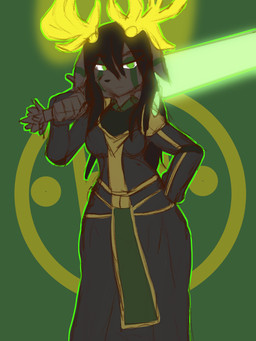 angry anthro antlers black_body black_fur black_hair breasts clothed clothing cool_pose crossgender dress energy_sword energy_weapon female fully_clothed fur glowing_sword glowing_weapon greatsword green_eyes hair holding_melee_weapon holding_object holding_sword holding_weapon horn looking_at_viewer melee_weapon serious_face solo sword sword_over_shoulder unimpressed warrior weapon yellow_antlers sprrigs- dexious_emera deer mammal 2023 3:4 digital_media_(artwork) hi_res