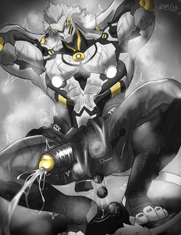 abs anal anal_beads anal_beads_in_ass anal_penetration baoding_balls black_legs bodily_fluids buttplug claws clothed clothing crouching cum cum_on_ground cum_on_penis ejaculation genital_fluids genitals hair hands_behind_head looking_at_viewer lube_in_ass machine male mane metallic_body motion_lines mouth_closed muscular muscular_male muscular_thighs musk nipples object_in_ass outline partially_clothed pecs penetration penis plug_(sex_toy) sex_toy sex_toy_in_ass sex_toy_insertion shaking silver_body solo spreading sweat sweaty_genitalia sweaty_legs sweaty_thighs toe_claws white_mane yellow_eyes yellow_outline ganlon mihoyo zenless_zone_zero banyue_(zenless_zone_zero) android felid humanoid mammal pantherine robot robot_anthro absurd_res hi_res