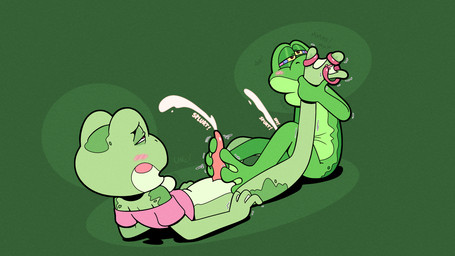 abstract_background anthro blush blush_lines bodily_fluids bottomless brown_eyes clothed clothing cum cumshot duo ejaculation feet foot_fetish foot_play footjob genital_fluids green_background green_body lying_on_ground male membrane_(anatomy) midriff_top on_ground penile pink_clothing pink_shirt pink_topwear sex shirt simple_background sound_effects text toes tongue topwear webbed_feet respecies trevor-fox_(character) amphibian frog hi_res nonbinary_(lore)