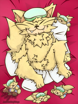 anthro bed chest_fur eyewear fangs fluffy fur furniture goggles looking_at_viewer lying lying_on_bed male null on_bed pillow plushie pubes shortstack solo teeth whiskers yellow_body yellow_fur justwatchingthings nintendo warioware spitz_(warioware) felid feline mammal 3:4 full-length_portrait hi_res portrait