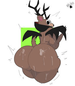 anthro antlers big_breasts big_butt black_body black_eyes black_fur black_nose bodily_fluids breasts brown_antlers brown_body brown_ears brown_fur brown_tail butt clothing costume fangs female fur halloween_costume holidays horn huge_butt looking_at_viewer looking_back multicolored_body multicolored_fur rear_view sharp_teeth short_tail solo standing sweat tail teeth text thick_thighs three-quarter_view vampire_costume kenxwhack 99_nights_in_the_forest halloween roblox deer_(99_nights_in_the_forest) deer mammal monster 2025 artist_name digital_media_(artwork) hi_res