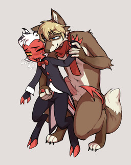 anthro dominant duo from_behind_position handjob larger_dom male male/male penile sex size_difference hellaverse helluva_boss moxxie_(helluva_boss) valdis_fox canid canine fox imp mammal absurd_res hi_res