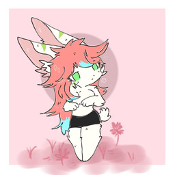 anthro black_bottomwear black_clothing black_pants bottomwear clothing female flower fur green_eyes hair happy_easter pants pink_background pink_flower pink_grass pivoted_ears plant red_hair shocked simple_background slime white_background white_mask yellow_body changed_(video_game) ids_(user) latex_bunny_(ids) canid canine canis lagomorph leporid mammal rabbit wolf hi_res