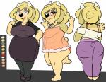 anthro armpit_hair barefoot big_breasts big_butt biped black_nose blonde_hair blush body_hair bottomwear bra breasts butt chest_tuft clothed clothing dress eyewear feet female footwear fully_clothed fur glasses hair horn legwear looking_at_viewer navel nipples one_leg_up open_mouth overweight overweight_anthro overweight_female panties pants purple_bottomwear purple_clothing purple_pants raised_leg rear_view red_eyes shirt shoes short_tail side_view simple_background slightly_chubby smile solo stockings tail tan_body tan_fur topwear translucent translucent_clothing tuft underwear white_background wide_hips sprockeyart lydia_hudson bovid bovine cattle mammal 2017 hi_res model_sheet