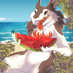 anthro big_ears bodily_fluids brown_body brown_fur cheek_tuft cloud dripping ears_back facial_tuft fluffy food fruit fur grey_body grey_fur happy heart_symbol male melon neck_tuft outside pivoted_ears plant saliva saliva_drip saliva_on_tongue saliva_string sea sky smile solo tongue tongue_out tree tuft water watermelon white_body white_fur winter yellow_eyes shyryp fandox_(character) mammal sergal 1:1 absurd_res digital_media_(artwork) hi_res