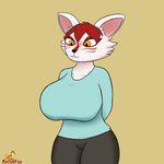 anthro big_breasts bottomwear breasts clothing female hair pants red_hair shirt smile solo topwear white_body yellow_eyes arturfox meme_clothing chara_senko_yukimoto canid canine fox mammal 1:1 hi_res meme