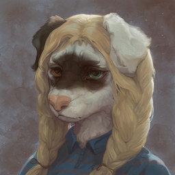 anthro blonde_hair blue_clothing blue_shirt blue_topwear button_(fastener) clothed clothed_anthro clothed_female clothing facial_markings female female_anthro front_view fur hair head_markings heterochromia looking_at_viewer markings mask_(marking) mouth_closed realistic shirt simple_background solo topwear white_body white_fur unknown_artist marta_moran canid canine canis domestic_dog mammal 1:1 absurd_res bust_portrait detailed hi_res icon portrait