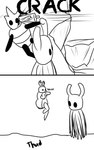 2_horns 2_panel_comic ambiguous_gender antennae_(anatomy) attack biped black_eyes black_text cliff cloak clothing duo horn melee_weapon motion_lines pose simple_background sound_effects standing text weapon white_background white_head skeletorskeletonized hollow_knight team_cherry bretta_(hollow_knight) the_knight_(hollow_knight) arthropod beetle insect vessel_(species) 2020 5:8 comic digital_media_(artwork) english_text hi_res female_(lore)