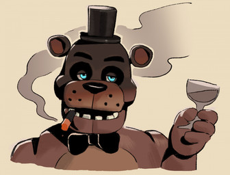 anthro black_bow_tie blue_eyes bow_tie brown_body cigar clothing hat headgear headwear holding_glass holding_object machine male smoking smoking_cigar solo top_hat roamingthrough five_nights_at_freddy's scottgames freddy_(fnaf) animatronic robot 2026 digital_media_(artwork) hi_res