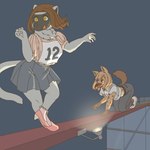 anthro bottomwear clothed clothing duo female footwear kemono open_mouth shoes skirt tail ekaki510 hyena lemur mammal primate sifaka spotted_hyena strepsirrhine 1:1