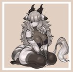 anthro antlers areola big_breasts black_areola black_nipples border braided_hair breast_squish breasts brown_border butt curvy_figure ear_tuft female fluffy fluffy_tail front_view fur grey_hair hair hair_over_eyes hands_between_legs hooves horn huge_breasts kneeling long_hair looking_at_viewer nipples nude pouting sitting_on_legs slightly_chubby snout solo squish striped_body striped_fur stripes tail tuft white_body wide_hips pompoyo ashley_(vinthebat) deer hybrid mammal mountain_deer_dragon hi_res