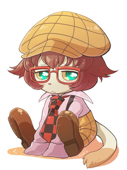 ambiguous_gender anthro brown_hair clothing eyewear footwear glasses hair half-closed_eyes headgear headwear looking_at_viewer narrowed_eyes necktie pink_clothing pink_shirt pink_topwear shirt simple_background sitting solo tail topwear white_background yellow_sclera young kuzugitsune domestic_cat felid feline felis mammal 2015 3:4