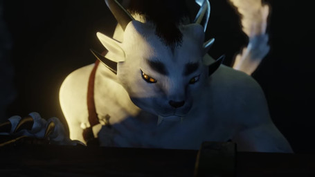annoyed anthro big_eyes bottomwear cave claws clothing curious dagger excited female fluffy fluffy_tail fur happy humor loincloth melee_weapon parody sharp_teeth solo tail teeth thinking thoughtful_expression treasure_chest weapon white_body white_fur mysteryboy18 sound_warning guild_wars myra_snowpaw charr felid mammal 16:9 3d_(artwork) 3d_animation animated digital_media_(artwork) hi_res long_playtime sound video widescreen