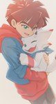 anthro brown_hair claws clothing duo green_eyes hair hoodie hug male topwear white_body kubota_keita bandai_namco digimon digimon_ghost_game hiro_amanokawa digimon_(species) gammamon human mammal hi_res