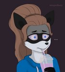 anthro beverage clothing container cup drinking drinking_straw electronics ellipsis female hoodie phone selfie solo topwear worried stoopedhooy grimace_shake mcdonald's fan_character melody_(raccoon) mammal procyonid raccoon hi_res meme