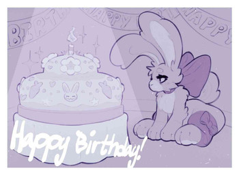 big_feet bow_ribbon cake dessert elderly_female feet female feral fluffy food happy_birthday huge_thighs ribbons sitting solo thick_thighs starreuges old_lady_(hb) lagomorph leporid mammal rabbit
