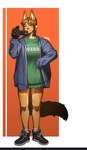 anthro arms_bent biped black_clothing black_footwear black_shoes blue_clothing blue_sweater blue_topwear brown_body brown_fur brown_hair camera cheek_tuft clothed clothed_anthro clothed_female clothing eyebrow_through_hair eyebrows eyelashes eyelashes_through_hair facial_tuft female female_anthro fluffy fluffy_tail footwear front_view fur glistening glistening_hair glistening_legs green_clothing green_topwear hair kemono long_sleeves looking_away mouth_closed open_clothing open_sweater open_topwear open_zipper red_eyes shoe_laces shoes simple_background socks solo standing sweater tail text topwear translucent translucent_hair tuft zipper kambo lenka_(janjin192) canid mammal 2021 artist_name digital_media_(artwork) full-length_portrait hi_res korean_description portrait shaded