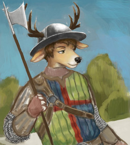 anthro antlers armor chainmail ears_down eyebrows halberd headgear helmet holding_halberd holding_melee_weapon holding_object holding_polearm holding_weapon horn kettle_helmet knight looking_forward male melee_weapon military outside pivoted_ears plant polearm soldier solo tree warrior weapon wearing_helmet reynard_goodfellow deer mammal