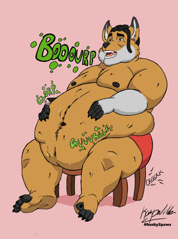 anthro belly belly_grab belly_overhang belly_rub big_belly bloated bodily_noises boxers_(clothing) brown_body brown_fur burping chair chair_breaking claws clothing creaking different_sound_effects dreadlocks extended_sound_effect feet fur furniture furniture_noises glorp grey_body grey_fur hair humanoid_feet humanoid_hands male navel nipples onomatopoeia open_mouth organs overweight overweight_anthro overweight_male paws plantigrade relaxing rumbling_stomach satisfied sitting solo sound_effect_variant sound_effects stuffing teeth text tongue underwear husky2paws hyena mammal absurd_res digital_media_(artwork) hi_res shaded