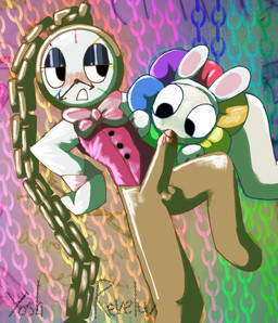 abstract_background anthro balls blush bow_tie butt chain clock clothed clothing duo erection fake_ears fake_rabbit_ears flower foreskin formal genitals gloves half_naked handwear humanoid_genitalia humanoid_penis looking_at_viewer male male/male mostly_nude multicolored_body penis plant teeth watch white_body yoshreveluv blushcrunch_studio dandy's_world roblox dandy_(dandy's_world) dyle_timesly animate_inanimate elemental_creature flora_fauna humanoid toon_(dandy's_world) digital_drawing_(artwork) digital_media_(artwork) hi_res photo_manipulation photography_(artwork) shaded traditional_media_(artwork)