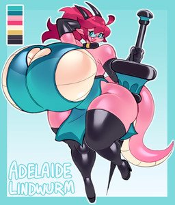 armwear big_breasts big_butt blue_background boots breasts butt cleavage cleavage_cutout clothed clothing collar cutout elbow_gloves eyewear female footwear glasses gloves hair handwear high_heeled_boots high_heels holding_melee_weapon holding_object holding_weapon huge_breasts hyper hyper_breasts knee_highs knee_socks lance legwear melee_weapon non-mammal_breasts pink_body polearm red_hair shoes simple_background socks solo spear tail text thick_thighs thigh_boots thigh_highs weapon angstrom mythology adelaide_lindwurm animal_humanoid dragon dragon_humanoid humanoid mythological_creature mythological_scalie scalie 2024 character_name digital_media_(artwork) hi_res model_sheet