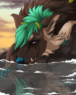 ambiguous_gender blue_claws blue_nose brown_body brown_fur cheek_tuft claws drinking facial_piercing facial_tuft feral fur hair horn nose_piercing nose_ring outside piercing purple_eyes ring_piercing septum_piercing septum_ring short_hair solo tan_body tan_fur teeth text tuft water msdeadsoul khaos_(kasathefox) canid mammal 2018 4:5 artist_name signature