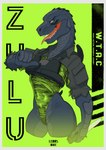 anthro border bulletproof_vest clothed clothing curvy_figure female grey_border knife leotard open_mouth poster scales solo teeth text thick_thighs uniform ventral_scales watc weapon lewos godzilla_(series) toho godzilla zilla zulu kaiju reptile scalie absurd_res hi_res