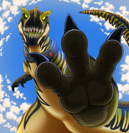 claws fangs feet feral foot_focus male pawpads paws solo teeth toe_claws furrypur dinosaur prehistoric_species reptile saurischian scalie theropod tyrannosaurid tyrannosauroid tyrannosaurus tyrannosaurus_rex absurd_res hi_res